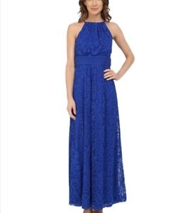 NWT Maggy London Dress Size 14 Halter Maxi Blue Lace Wedding Bridesmaid $149