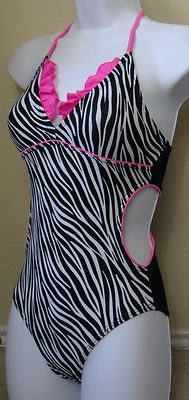 O'RAGEOUS cut out side black/white zebra print&pink ruffle halter Swimsuit,7,10 - Image 1 of 3