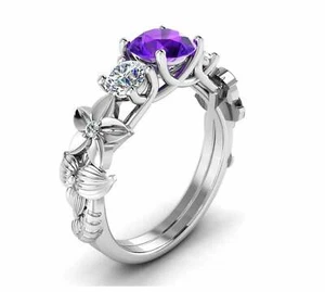 2Ct Lab-Created Amethyst Flower Floral Solitaire Ring REAL 9ct SOLID White Gold - Picture 1 of 9