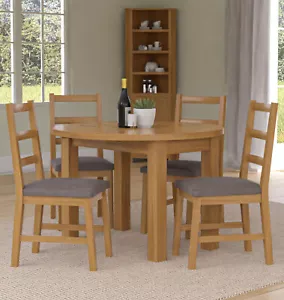 Dining Table Set, Drop Leaf Round Table with 4 Ladder Back Oak Chairs, Grey Seat - Picture 1 of 8