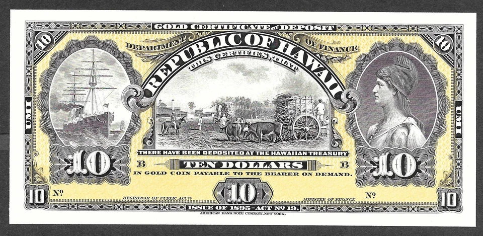 1895 Republic of Hawaii - 1895 $10.00 Gold Certificate - ABNC Proof Print - Image 1 of 1