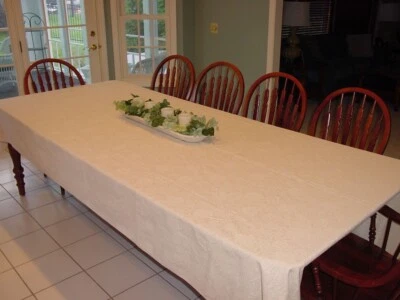 Very Large Ivory Brocade Damask Dining Table Cloth 140 in X 68 in - Image 1 of 4