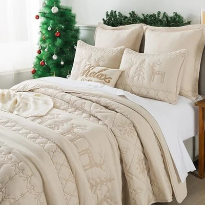  Juegos de cama de edredón tamaño Navidad con funda de almohada ligera suave doble beige Foto 1 de 4