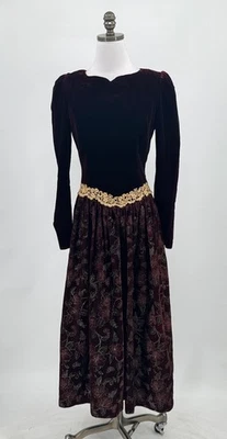 Jessica McClintock Vintage Burgundy Floral Velvet Victorian Gown Sz 8 - Image 1 of 4