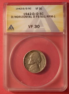 1942 D/Horizontal D Jefferson Nickel - ANACS VF 30 - RPM-001, FS-501 - Picture 1 of 2