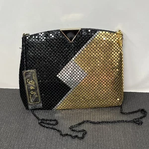 Vintage Evening Purse Bag Metal Mesh Black Gold Silver Black Chain Strap 80's - Picture 1 of 14