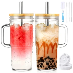 Vasos de vidrio de 24 oz con tapas y pajitas, vaso de vidrio con mango, juego de 2 - reutilizables... - Imagen 1 de 7