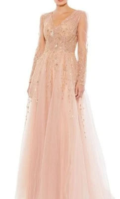 Mac Duggal A Line Beaded Mesh Gown, pink, champagne, tulle, beading, sequin - Image 1 of 4