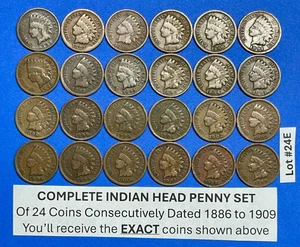 Juego completo de centavos cabeza india ~ 24 fechas consecutivas 1886-1909 #24E - Imagen 1 de 5