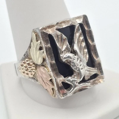 Rushmore Black Hills Gold 925 Sterling Silver Onyx Grape Leaf Eagle Ring Size 12 - Image 1 of 4