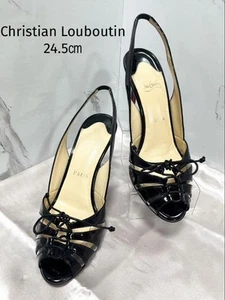Christian Louboutin Mules Sandals Heel Ribbon Leather Black EU37.5/US7.5 Auth - Picture 1 of 24