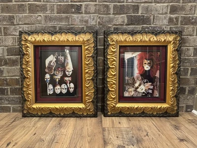 Две художественные гравюры на венецианских масках в рамке в декоративной золотой оправе от J. Дела изобразительного искусства - Изображение 1 из 4