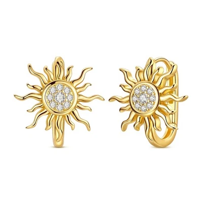 Pendientes de aro de sol dorados de plata esterlina 925 europeos MULA circonita cúbica para mujer joyas Foto 1 de 4
