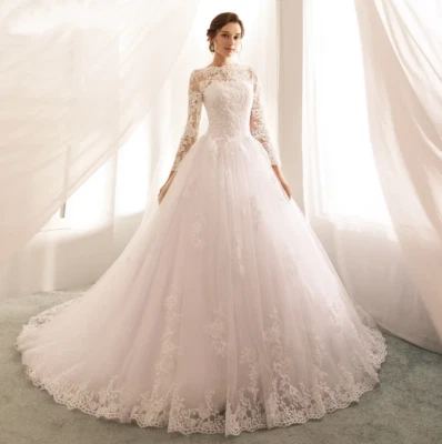 Luxury A Line Wedding Dresses Bridal Gowns Lace Long Sleeves Court Train Muslim - Image 1 of 4