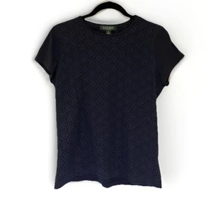 Ralph Lauren Womens Top Sz PM Lace Front Navy Classic Workwear Casual Preppy - Picture 1 of 8