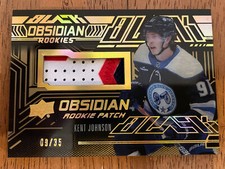 2022-23 SPX Kent Johnson Black Obsidian Rookie Patch SP Gold 9/35 Blue Jackets