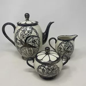 Antiguo Juego de Té Superpuesto de Plata Deusch Baviera Patrón de Pájaro Raro - Imagen 1 de 21