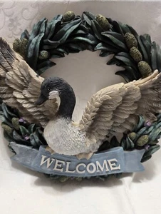 3D Floral Goose Welcome Wreath Wall Hanging Sign 12" H Blue Green 1990s Resin - Picture 1 of 12