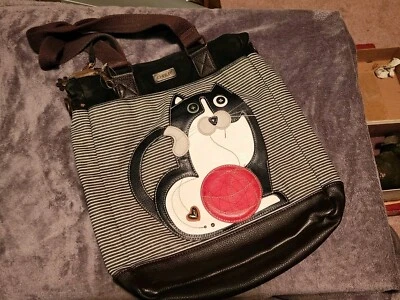 Bolso de lona a rayas vintage Chala Fat Cat con bola Foto 1 de 4