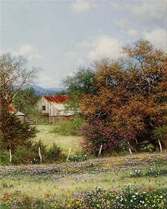 Impresión Hazy Day de Larry Dyke, graneros rústicos en un entorno rural  - Imagen 1 de 2