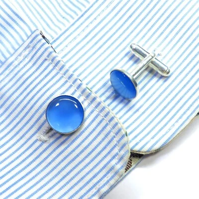 Gemelos de calcedonia azul, gemelos de plata, gemelos de padrino de boda, plata de ley Foto 1 de 4