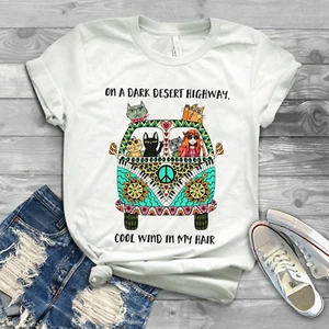 On a dark desert highway cool wind in my hair song Hippie Indie Cat Tshirt - Picture 1 of 1