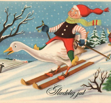 c1900 Christmas Crazy Wild Anthropomorphic Goose Skis Boy Skiing Down Hill 5515