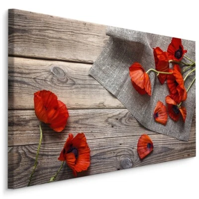 Leinwand Bild CANVAS WANDBILD XXL rote MOHNBLUMEN alte Bretter 3D 1714 - Bild 1 von 4