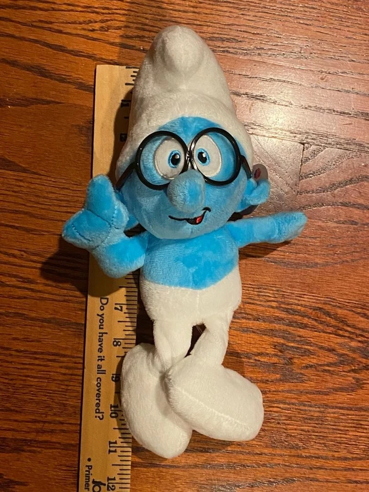 蓝精灵 Brainy Smurf 11 英寸毛绒动物蓝色玩具眼镜全新带标签 — 第 1/1 张图片