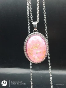 Handmade Silver Tone Oval Pendant Necklace With Pink Glitter Cabochon - Picture 1 of 2