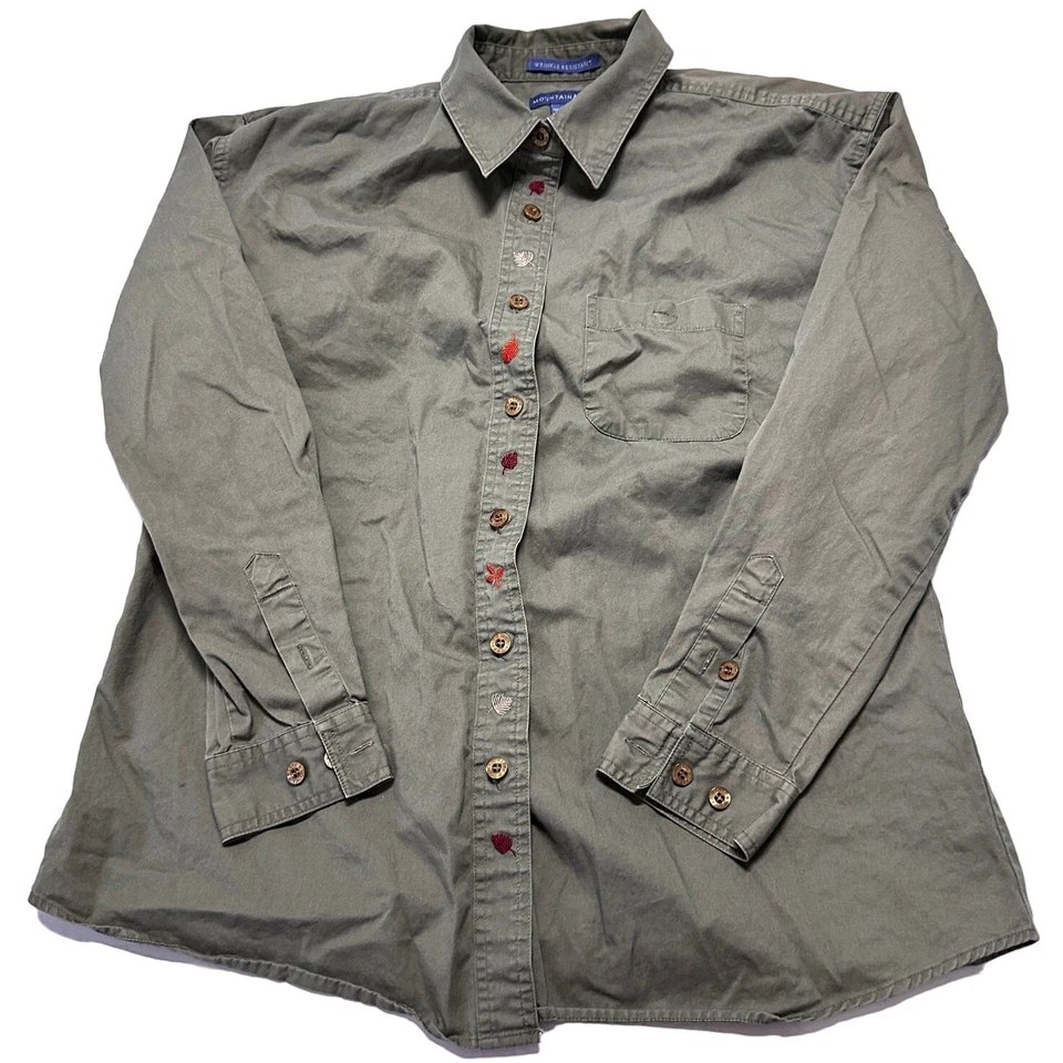 Camisa con botones Mountain Lake para mujer talla M verde bordada hoja resistente a las arrugas Foto 1 de 4