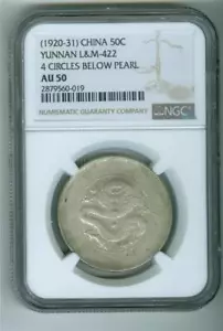 CHINA/YUNNAN (1920-31) 50 CENTS DRAGON L&M-422 4 CIRCLES BELOW PEARL NGC AU-50 - Picture 1 of 2