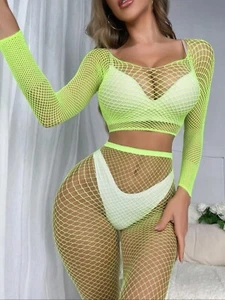 FISHNET SET CROP TOP LONG SLEEVES + STOCKINGS NEON EXOTIC DANCER STRIPPER RAVE - Bild 1 von 26