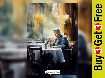 Impresión de pintura de escena de acuarela de hombre solitario en un café 5"x7" sobre papel mate Foto 1 de 4