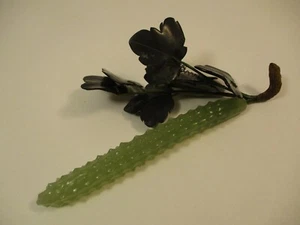 Vintage Carved Jade Stone Cucumber Horned Melon Black Stone Leaves - Picture 1 of 7