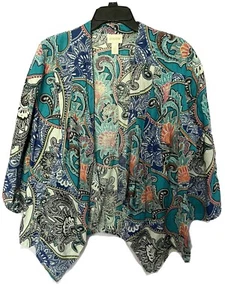 CHICO’s Linen Jacket Open Front Long Sleeves Blue White Floral Size 2 = L 12 - Picture 1 of 9
