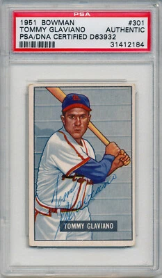 1951 Bowman TOMMY GLAVIANO Signed Card 301 Auto Slabbed Cardinals RC Hi# PSA/DNA - Image 1 of 2