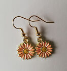 Drop / Dangle Daisy Earrings - Peachy Pink Daisies - Gold Plated