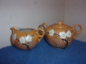 VINTAGE ZUCKERKÄNNCHEN & SAHNEKÄNNCHEN IN HELLBRAUN mit BAUMZWEIG & BLÜTEN..MADE IN JAPAN - Bild 1 von 6