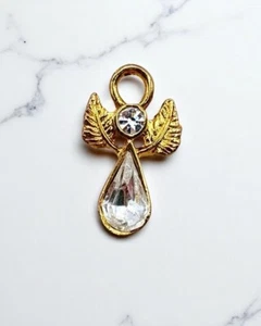 Vintage Brooch Pin Leaf Angel Gold Tone with Rhinestone Accents - Picture 1 of 6