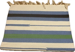 Kilim moderno fatto a mano tappeto etnico 80x50 cm design a righe blu verdi e ne - Foto 1 di 3