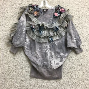 VINTAGE Sue Blue Top Shirt One Size Adult Gray Floral Ruffle Blouse Womens OSFM - Picture 1 of 8
