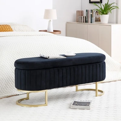 Modern Storage Ottoman Oval Velvet Upholstered End of Bed Bench With Metal Legs - Image 1 of 4