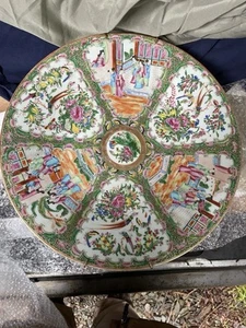 "Plato ovalado grande antiguo medallón rosa familia china del siglo XIX porcelana 16""" - Imagen 1 de 5