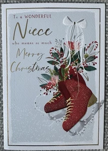 Niece Christmas Card - Ice Skating Boots - Red Glitter - Candy Cane - Picture 1 of 2