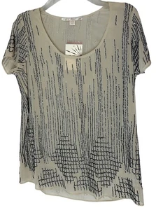 NEW Boston Proper Beaded Top Size XS Tan Black Short Sleeve Semi Sheer NWT $119 - Picture 1 of 4