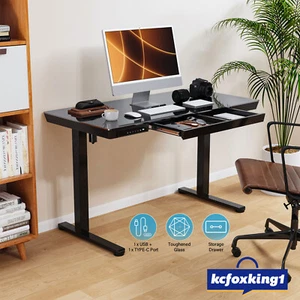 Standing Desk Electric Sit Stand Up Table Height Adjustable Tempered Glass Black - Picture 1 of 12
