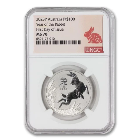 Australia 2023 $100 Platinum Year of the Rabbit NGC MS70 First Day of Issue 1oz Cover