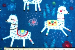 BTY* WHITE LLAMAS WITH DECORATED SADDLES ON DARK TEAL FLEECE FABRIC 1YD 60X36" - Picture 1 of 4
