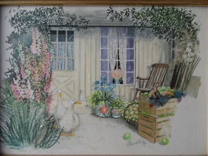 White Ducks in a Patio Garden. Christine Fawcett 1994 Original Watercolour - Picture 1 of 4